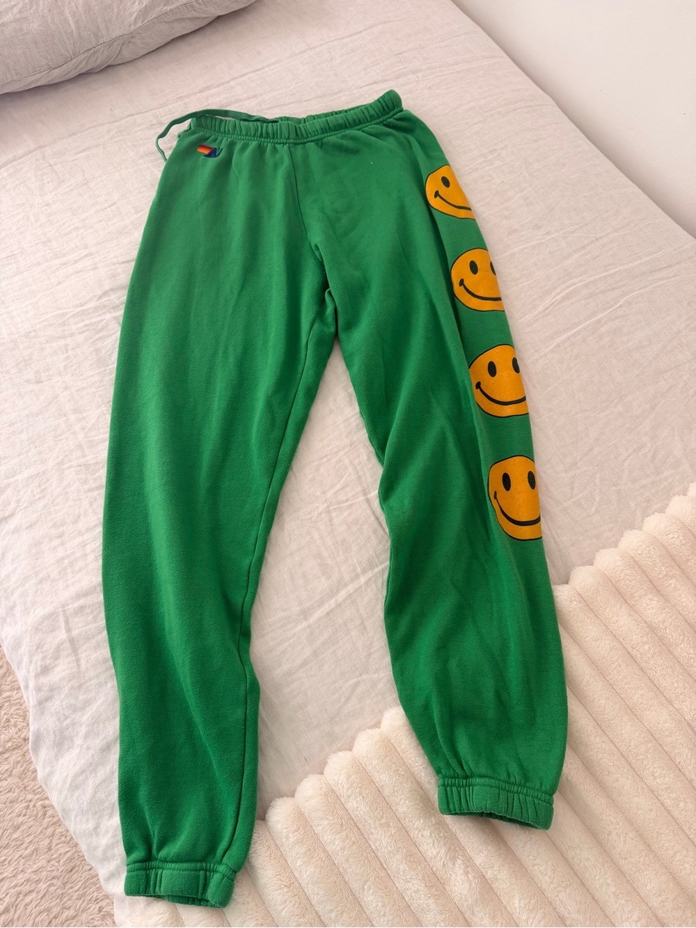Green Kids Sweatpants with Yellow Smiley Faces - Aviator Nation